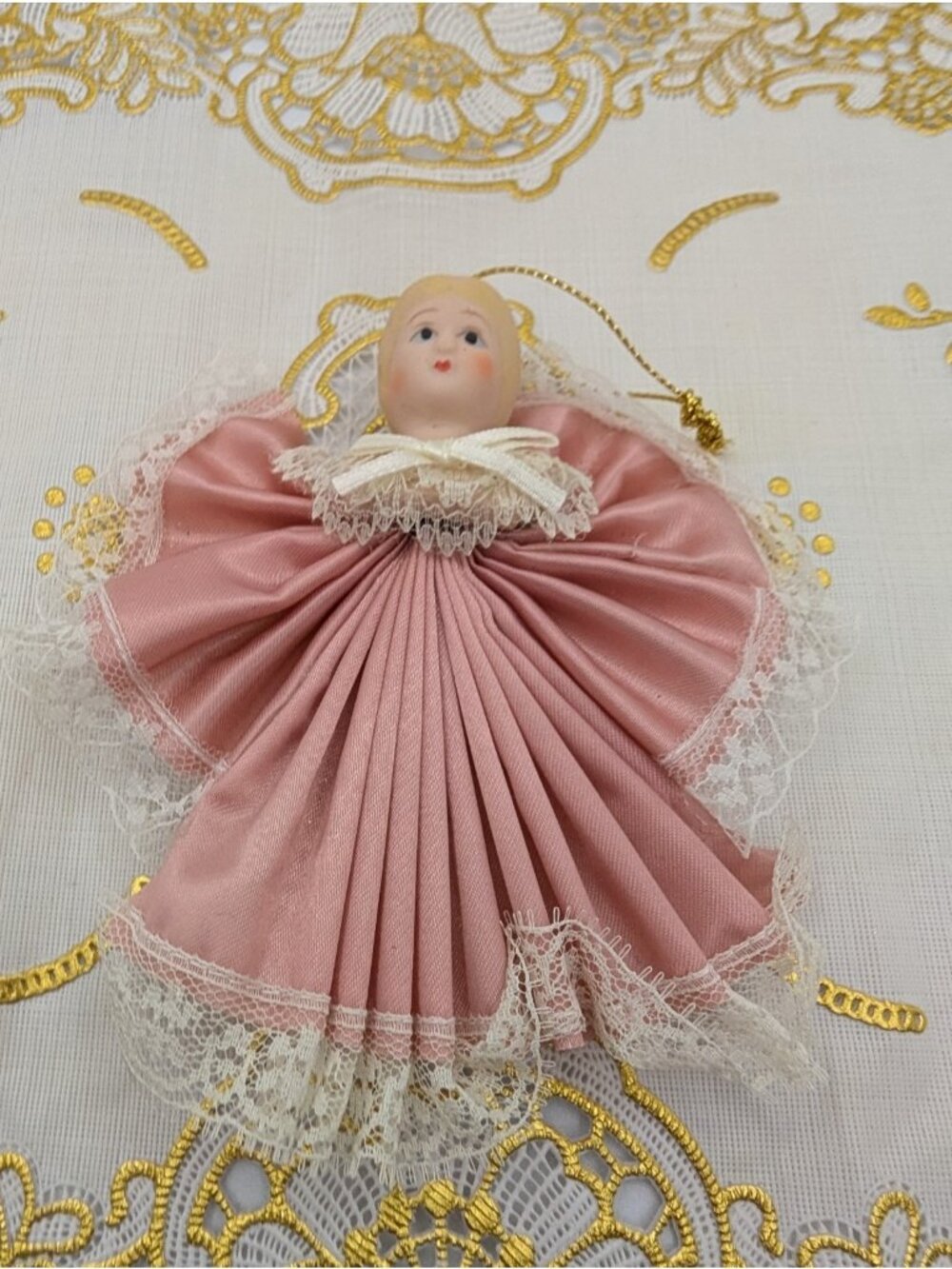 Vtg  4 “ Porcelain Angel  head Ornament pink Material Dress With Lace Victorian